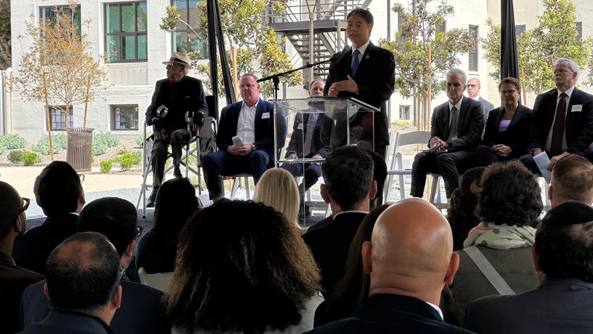 Congressman Lieu addresses a crowd at the West LA VA