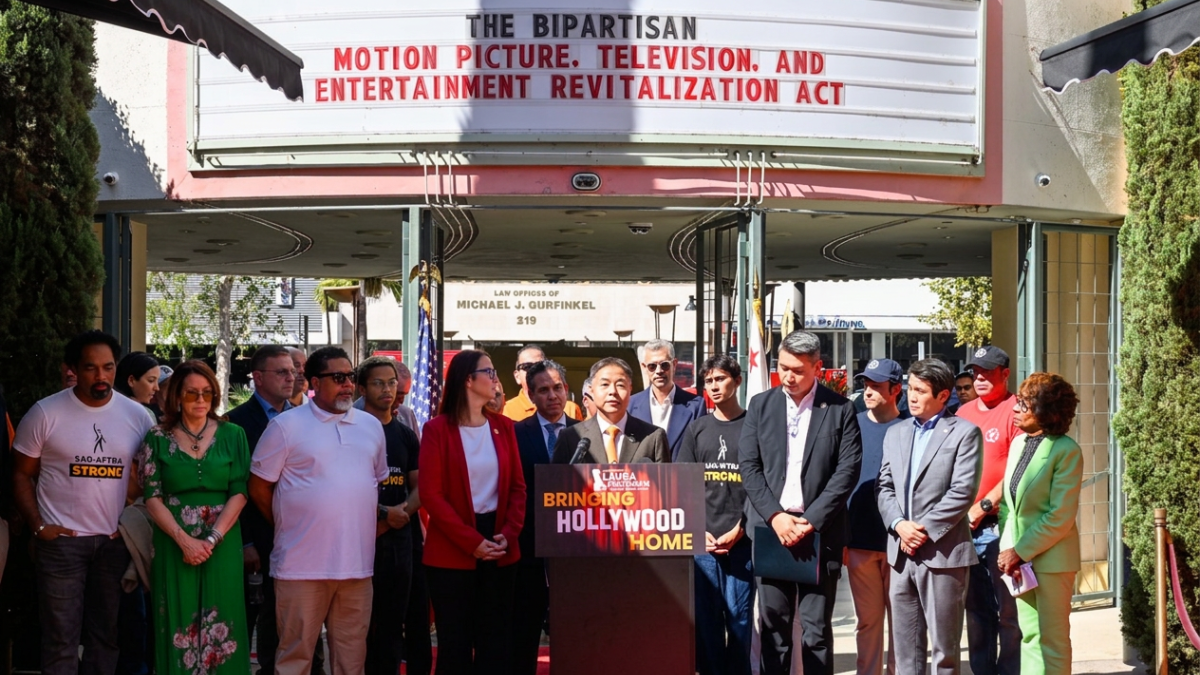 Rep. Lieu and entertainment union members rally for the national film tax credit.