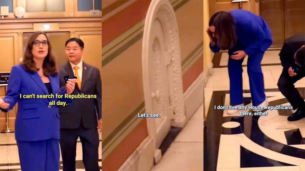 Reps. Lieu and McBride looks for Stephen Miller and Republicans in a secret tiny door inside the Capitol
