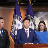 Rep Lieu speaks at a press conference with Reps. Aguilar and DelBene