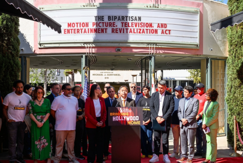 Rep. Lieu and entertainment union members rally for the national film tax credit. 