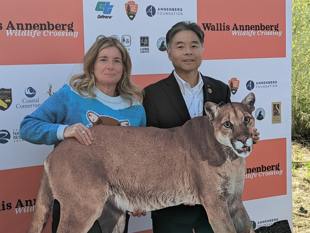Congressman Lieu with Beth Pratt holding cardboard cutout of a mountain lion