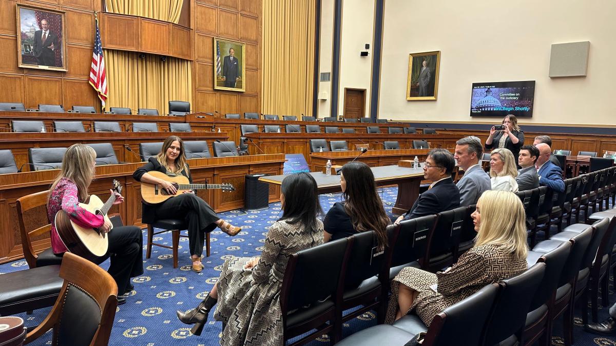 Two songwriters perform songs to Reps Lieu, Cline and others.