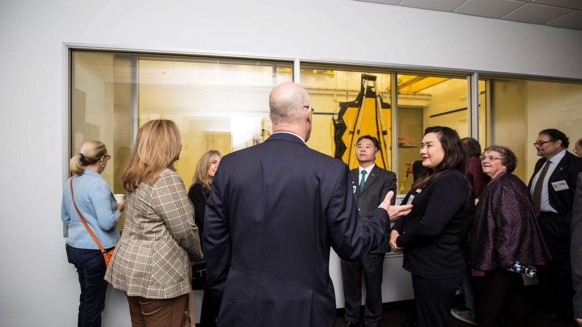 Rep Lieu speaks with group during district visit to see progress on James Webb Telescope